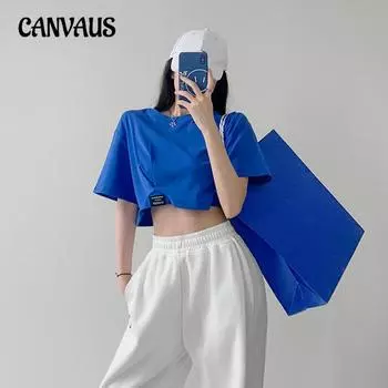 Летняя женская футболка с короткими рукавами, свободные тонкие короткие топы с открытым пупком One Size чёрный