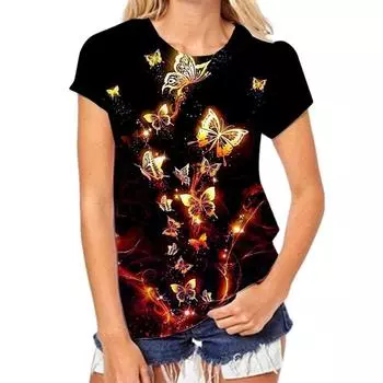 Летняя женская футболка с красочным рисунком бабочки и 3D-принтом, большая футболка XS
