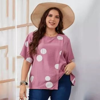 Летняя женская футболка с круглым вырезом и коротким рукавом с волнистой точкой. Удобная дышащая легкая свободная футболка. Повседневная стильная футболка больших размеров для поездок на работу. XL чёрный