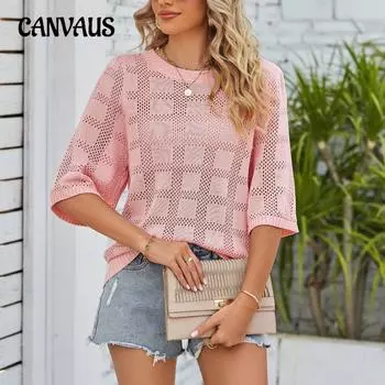 Летняя женская футболка с круглым вырезом и солнцезащитным кремом, вязаный полый свитер с короткими рукавами S белый