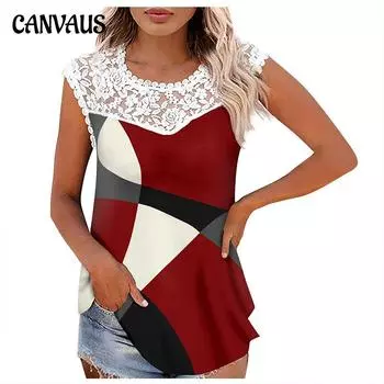 Летняя женская футболка с круглым вырезом и кружевной строчкой, жилет с принтом и геометрическим узором, топы 5XL красный