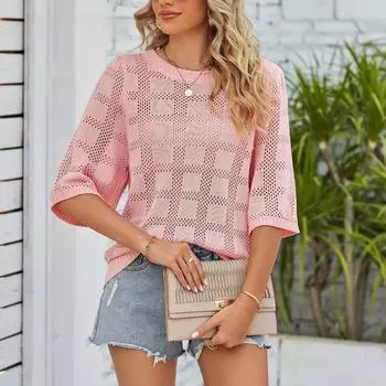 Летняя женская футболка с круглым вырезом и солнцезащитным кремом, вязаный полый свитер с короткими рукавами S белый