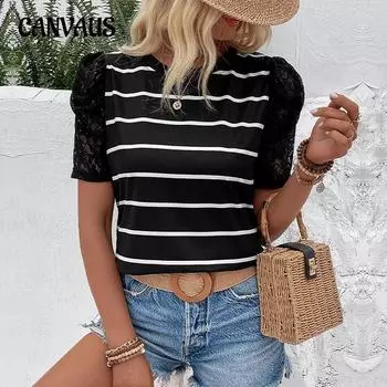 Летняя женская футболка с круглым вырезом и коротким рукавом в полоску, кружевной удобный повседневный тонкий топ S чёрный