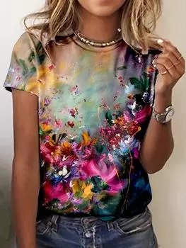 Летняя женская футболка с круглым вырезом и коротким рукавом, модный принт с цветочным узором, простая футболка в стиле Харадзюку XXS