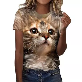Летняя женская футболка с круглым вырезом и принтом кота, женская футболка с короткими рукавами S