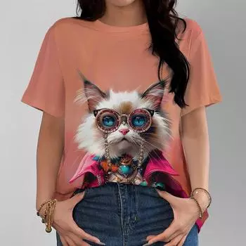 Летняя женская футболка с круглым вырезом и коротким рукавом, футболка с 3d принтом совы, пуловер, топ, модная уличная женская одежда 2024 S