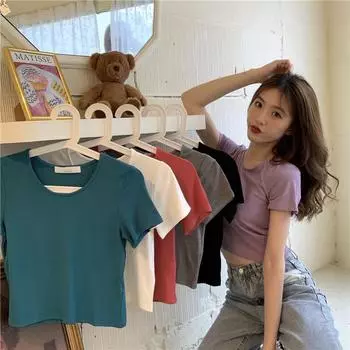 Летняя женская футболка с круглым вырезом и коротким рукавом, новые облегающие топы, однотонные повседневные простые футболки, женская одежда 2896 One Size чёрный