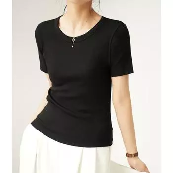 Летняя женская футболка с круглым вырезом и баской, рукав средний S чёрный