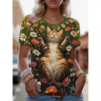 Летняя женская футболка с круглым вырезом, модная уличная футболка с коротким рукавом, 3D-принт с изображением кота, женская одежда больших размеров S