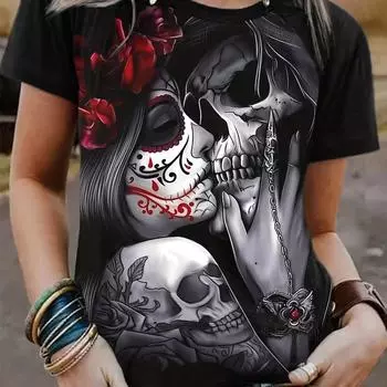 Летняя женская футболка с круглым вырезом, модный повседневный топ черного цвета с принтом 3D розы и черепа, креативная женская одежда с короткими рукавами XXS