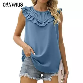 Летняя женская футболка с круглым вырезом, плиссированная деревянная футболка с коллажем и краем ушка, без рукавов, майка, жилет S белый