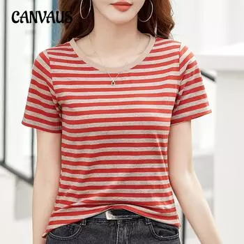 Летняя женская футболка с круглым вырезом, полосатый топ с короткими рукавами S оранжевый