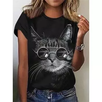 Летняя женская футболка с круглым вырезом, повседневная, свободный дизайн, топ Harajuku, модная футболка с 3D-принтом и изображением кота XXS