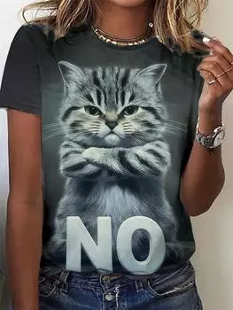 Летняя женская футболка с круглым вырезом, повседневная, свободный дизайн, топ в стиле Харадзюку, модная футболка с короткими рукавами и 3D-принтом с изображением кошки S