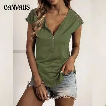 Летняя женская футболка с круглым вырезом, повседневная кружевная футболка с короткими рукавами и застежкой-молнией