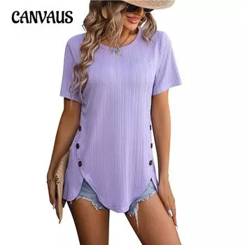 Летняя женская футболка с круглым вырезом, пшеничный жаккардовый топ, футболка с короткими рукавами и пуговицами