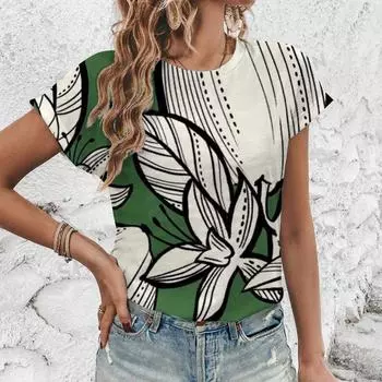 Летняя женская футболка с круглым вырезом, ретро-модный цветочный узор, повседневная футболка с коротким рукавом, элегантная женская футболка XXS
