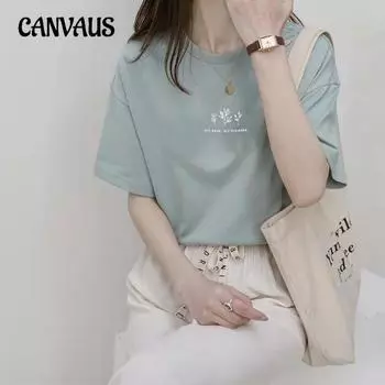 Летняя женская футболка с круглым вырезом, свободная повседневная однотонная футболка с ботаническим принтом и коротким рукавом M чёрный