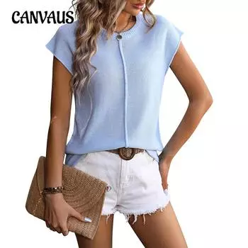 Летняя женская футболка с круглым вырезом, вязаный повседневный вязаный топ с коротким рукавом S зелёный