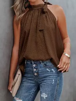 Летняя женская футболка с круглым вырезом, женский топ с высоким воротом и принтом, модный топ без рукавов с бантом, сексуальная футболка с леопардовым принтом S чёрный