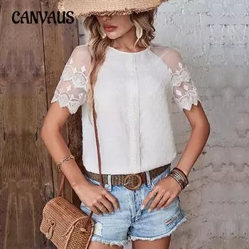 Летняя женская футболка с кружевной кружевной рубашкой, прозрачный топ с короткими рукавами S белый