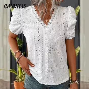 Летняя женская футболка с кружевным вырезом и v-образным вырезом, рубашка с подковообразными рукавами, топ с короткими рукавами S белый