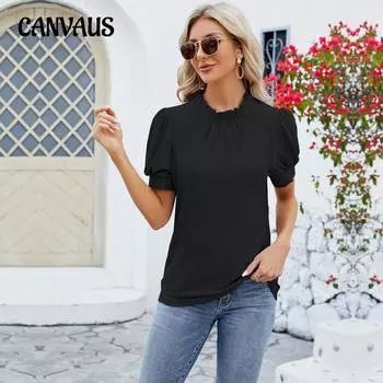 Летняя женская футболка с кружевным вырезом и рукавами-пузырьками, свободная плиссированная футболка S белый