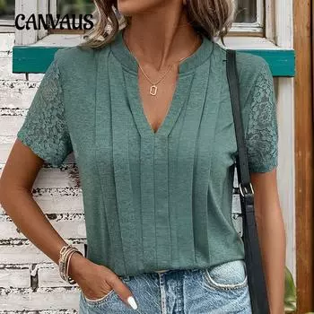 Летняя женская футболка с кружевным вырезом и v-образным вырезом, повседневный топ с короткими рукавами S зелёный