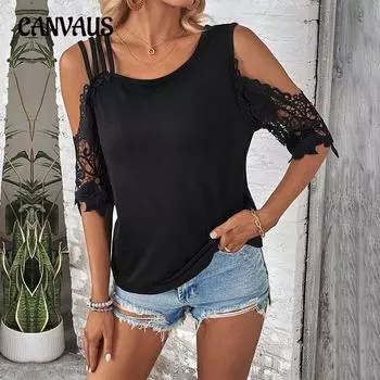 Летняя женская футболка с кружевными рукавами, модные удобные повседневные однотонные топы на одно плечо S чёрный