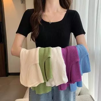 Летняя женская футболка с квадратным воротником из ледяного шелка, топ с коротким рукавом, тонкий вязаный низ, рубашка-свитер, однотонный черный цвет One Size бежевый