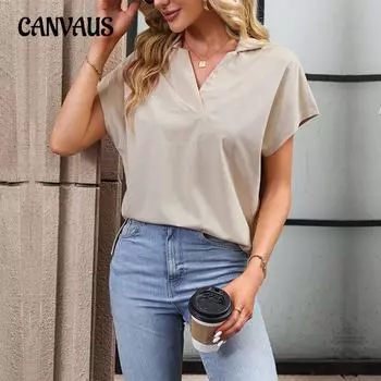 Летняя женская футболка с лацканами, удобные повседневные однотонные женские топы с короткими рукавами S абрикосовый