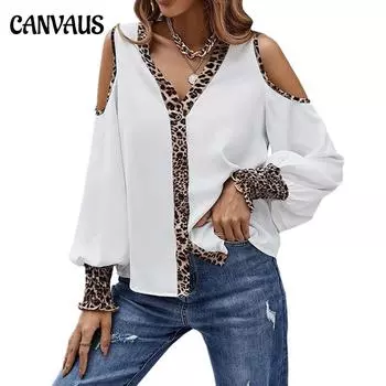 Летняя женская футболка с леопардовым принтом и v-образным вырезом на пуговицах, топы с длинными рукавами и открытыми плечами, футболка S чёрный