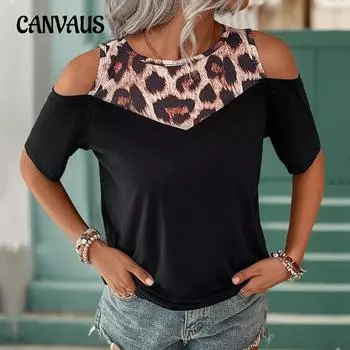 Летняя женская футболка с леопардовым принтом в стиле пэчворк, футболка с круглым вырезом и цветными блоками S чёрный