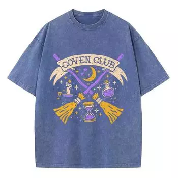 Летняя женская футболка с магической тематикой, принтом метлы, в стиле Y2K, оверсайз, выстиранная, нейтральная, с коротким рукавом, повседневная, хип-хоп наряд для мужчин S