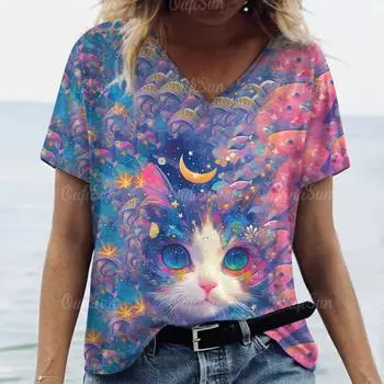 Летняя женская футболка с милым котом, модные трендовые топы с V-образным вырезом, футболки, женская повседневная стильная одежда с коротким рукавом, женская винтажная одежда S
