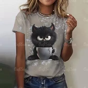 Летняя женская футболка с милым котом, одежда больших размеров с 3d принтом, модный повседневный пуловер с круглым вырезом и короткими рукавами, женские футболки с животными XL