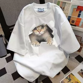 Летняя женская футболка с милым принтом кота из хлопка, дышащая, с коротким рукавом XS