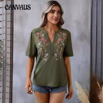 Летняя женская футболка с модной вышивкой и кружевным топом с короткими рукавами S армия зеленый