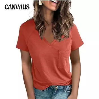 Летняя женская футболка с модным карманом и v-образным вырезом с глубоким вырезом и коротким рукавом S чёрный