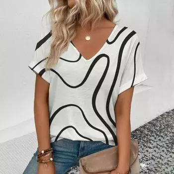 Летняя женская футболка с модным принтом Art Line, топы с V-образным вырезом, футболки, женская повседневная стильная одежда с коротким рукавом, винтажный наряд для активного отдыха S