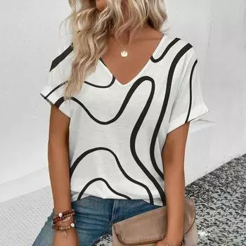 Летняя женская футболка с модным принтом Art Line, топы с V-образным вырезом, футболки, женская повседневная стильная одежда с коротким рукавом, винтажный наряд для активного отдыха S