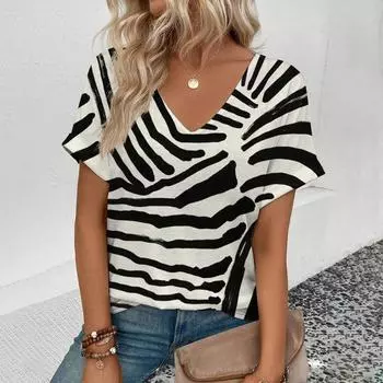 Летняя женская футболка с модными полосками и принтом в виде V-образного выреза, футболки, женская одежда для активного отдыха с коротким рукавом, женская винтажная одежда S