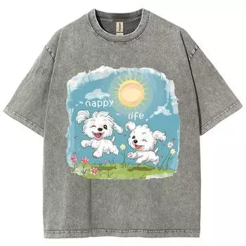 Летняя женская футболка с мультяшным игривым принтом щенка Y2K оверсайз с круглым вырезом и коротким рукавом стирка унисекс повседневный сказочный топ S