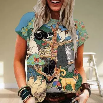 Летняя женская футболка с мультяшным котом, модные трендовые топы, женская повседневная одежда с коротким рукавом и 3D-принтом, повседневные футболки с круглым вырезом для девочек S