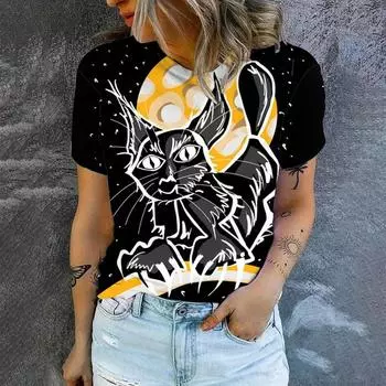 Летняя женская футболка с мультяшным котом, винтажные топы с круглым вырезом, футболки, женская модная тенденция, одежда с коротким рукавом, женская повседневная одежда S