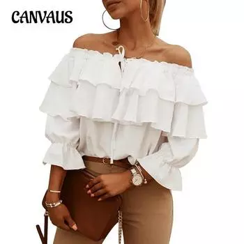 Летняя женская футболка с одним вырезом, шифоновая рубашка, женская эластичная завязка на плечах, топы с рюшами, повседневные свободные топы со средним рукавом S белый