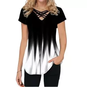 Летняя женская футболка с перекрещивающимися бретелями, градиентный цвет, короткие рукава, V-образный вырез, свободный покрой L белый