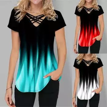 Летняя женская футболка с перекрестными бретелями градиентного цвета с короткими рукавами и V-образным вырезом 3XL белый