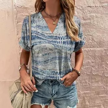 Летняя женская футболка с полосатым принтом, футболка в стиле тай-дай с коротким рукавом, женская одежда, V-образный вырез, свободная блузка, женские футболки 2XL