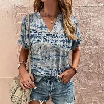 Летняя женская футболка с полосатым принтом, футболка в стиле тай-дай с коротким рукавом, женская одежда, V-образный вырез, свободная блузка, женские футболки S